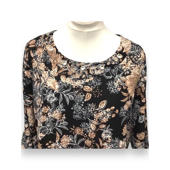 Cato Women’s 3/4 Tulip Sleeve Round Neck Tunic, Black Floral, size L - Picture 2 of 8
